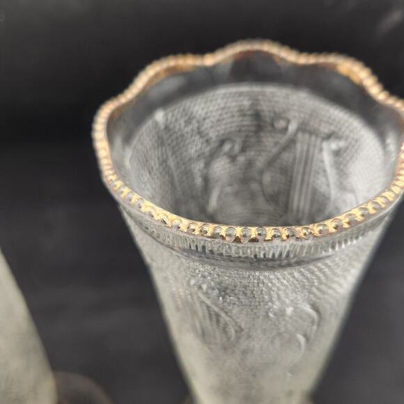 Two Textured Vintage Jeannette Harp Gold Pattern Vases 7 1/2" Tall Scalloped Rim - Picture 8 of 10
